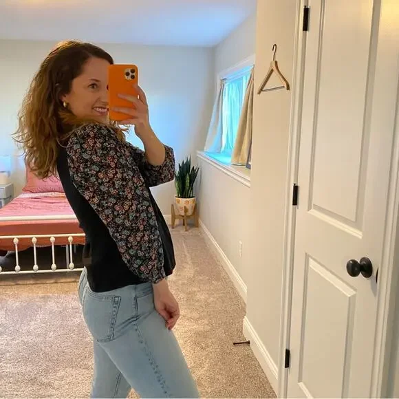 Rebecca Taylor La Vie Black Floral Long Sleeve Blouse Small